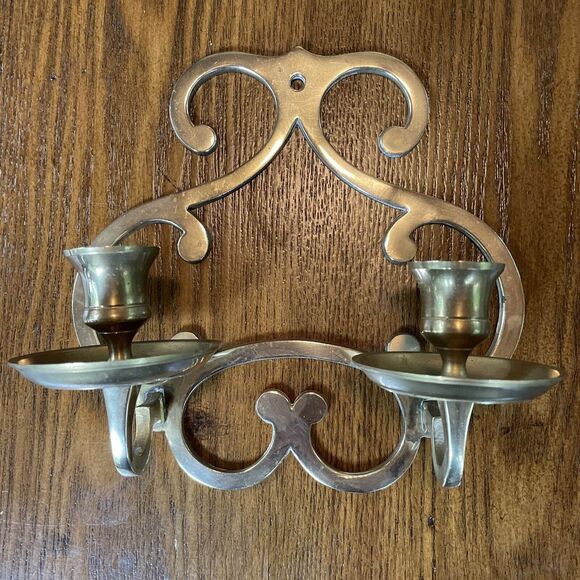 Other - Vintage Solid Brass Double Arm Candleholder Wall Sconce 7.5 X 7.5" Made In India